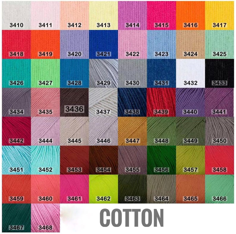May include: A color chart of cotton yarn with 100 different colors. The yarn is arranged in rows and columns, with each color labeled with a number. The chart is labeled "COTTON" at the bottom.