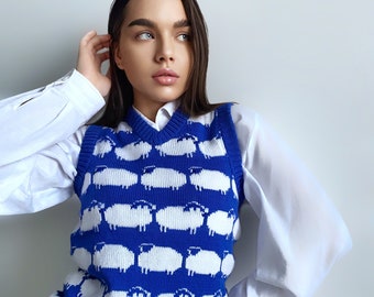 Weißes Schaf blauer Merino handgestrickter Pullover Weste Damen Damen Herren Unisex/Bürokleidung/Merinowollmischung Kid Mohair