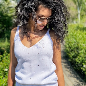 White Knit Women's Top/V Neck Knit Top/summer knit long top/White Tank Top/knitted tank/vintage white knit top/Knit loose top/long tan top