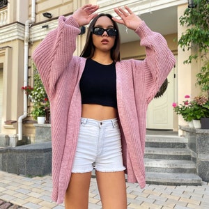 Chunky knitted cardigan Oversize pink sweater Cable knit cardigan Powder Balloon sleeve hand knitted cardigan for women Gift for besty