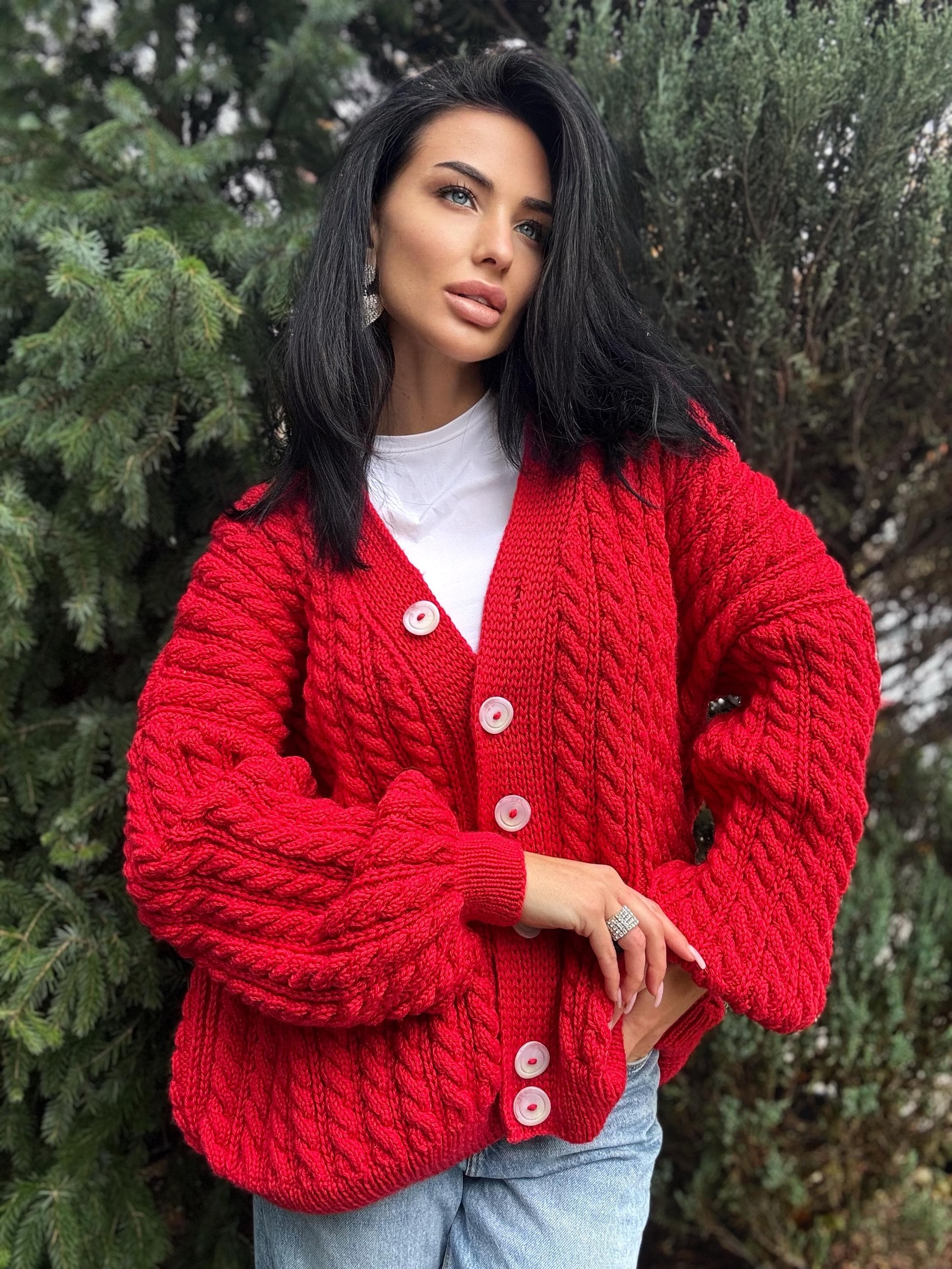 Cable Knit Braids Red Merino Wool Cardigan on Buttons Hand Knit
