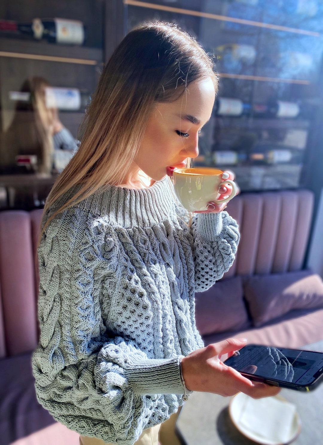 Cable Hand Knit Gray Organic Cotton Sweater Blue Loose Oversize