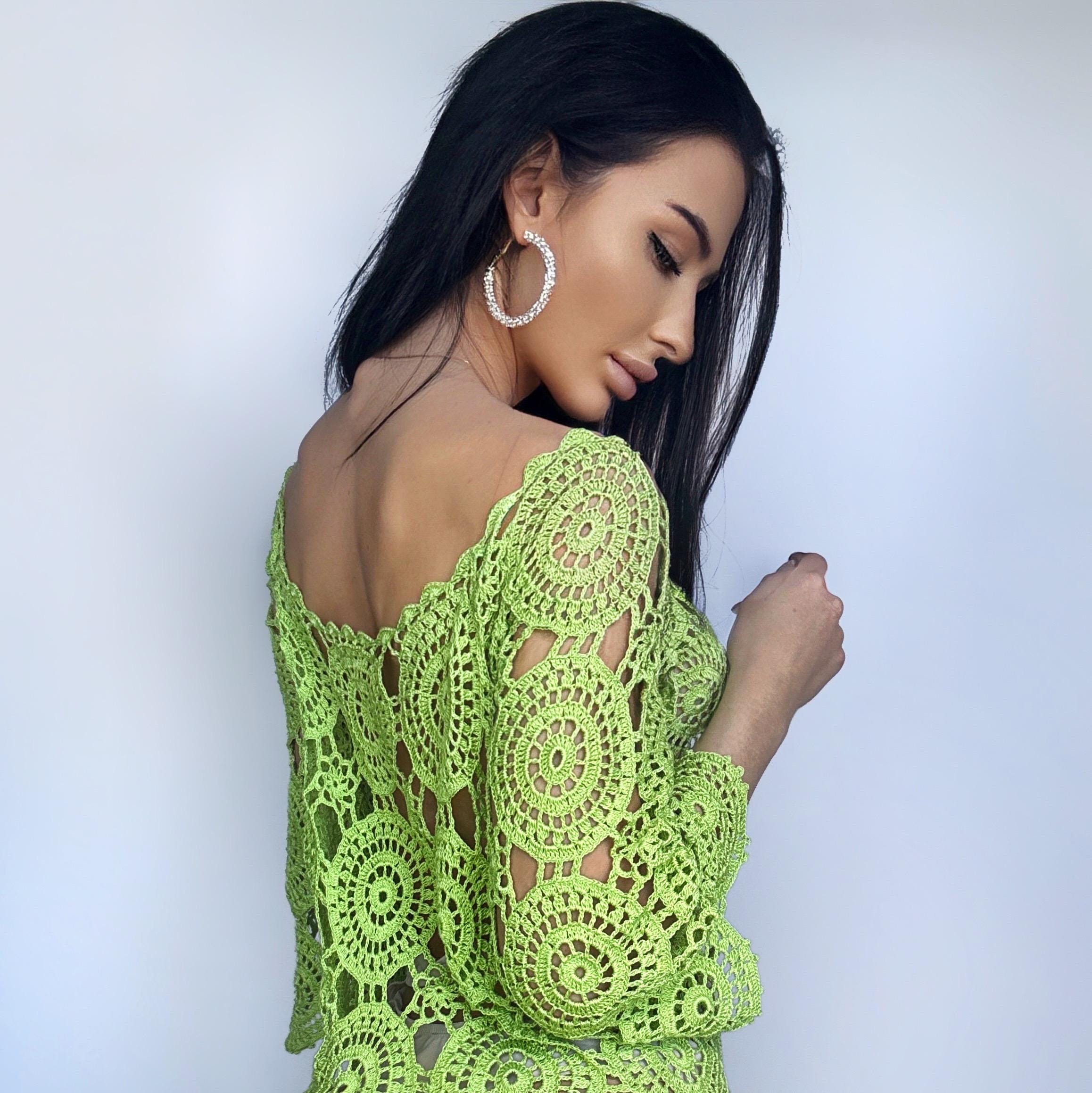 green crochet cover up dress Handmade 3D Palm Trees Striped Crochet Beach Cover Up Dress – FAIRY SEASON