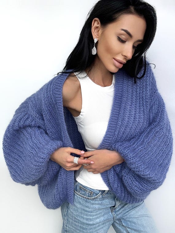 Mohair Strickweste Blau Damen Strickjacke Mit Mohair Für Damen In