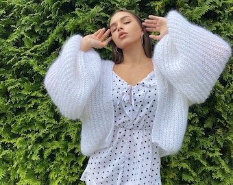 【2plan】angora mohair cardigan Vintage 1980s Ivory Angora Cardigan and Pullover Sweater Set