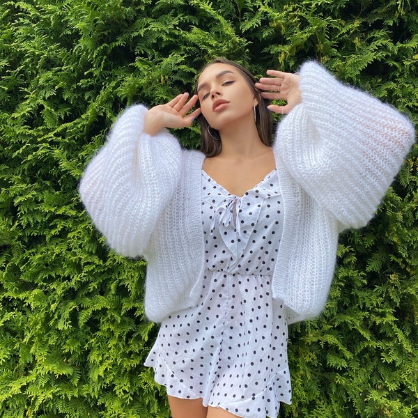 Mohair cardigan women Wedding cardigan Mohair sweater White knitted coat Jacket Women Bridal shrug bolero wool Fluffy short cardigan