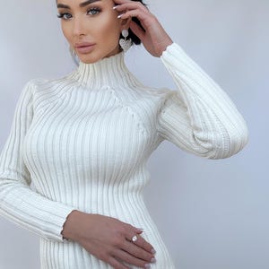 May include: A white ribbed turtleneck sweater with long sleeves.