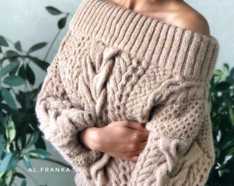 Sexy off shoulder sweater Beige pastel hand knit alpaca sweater Cable knit sweater Chunky Oversized sweater Braid sweater knit/gift for her