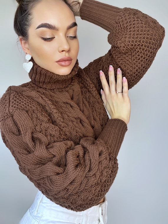 Crop Hand Knitted Chocolate Brown Merino Wool Sweater Chunky Knit