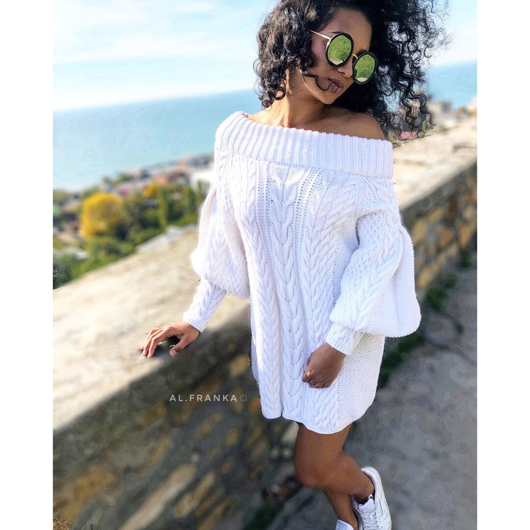 White off Shoulder Hand Knit Sweater Dress/bohemian Sweater