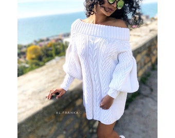 White off shoulder hand knit sweater dress/bohemian sweater dress/off shoulder white dress/white knit tunic/braid chunky sweater