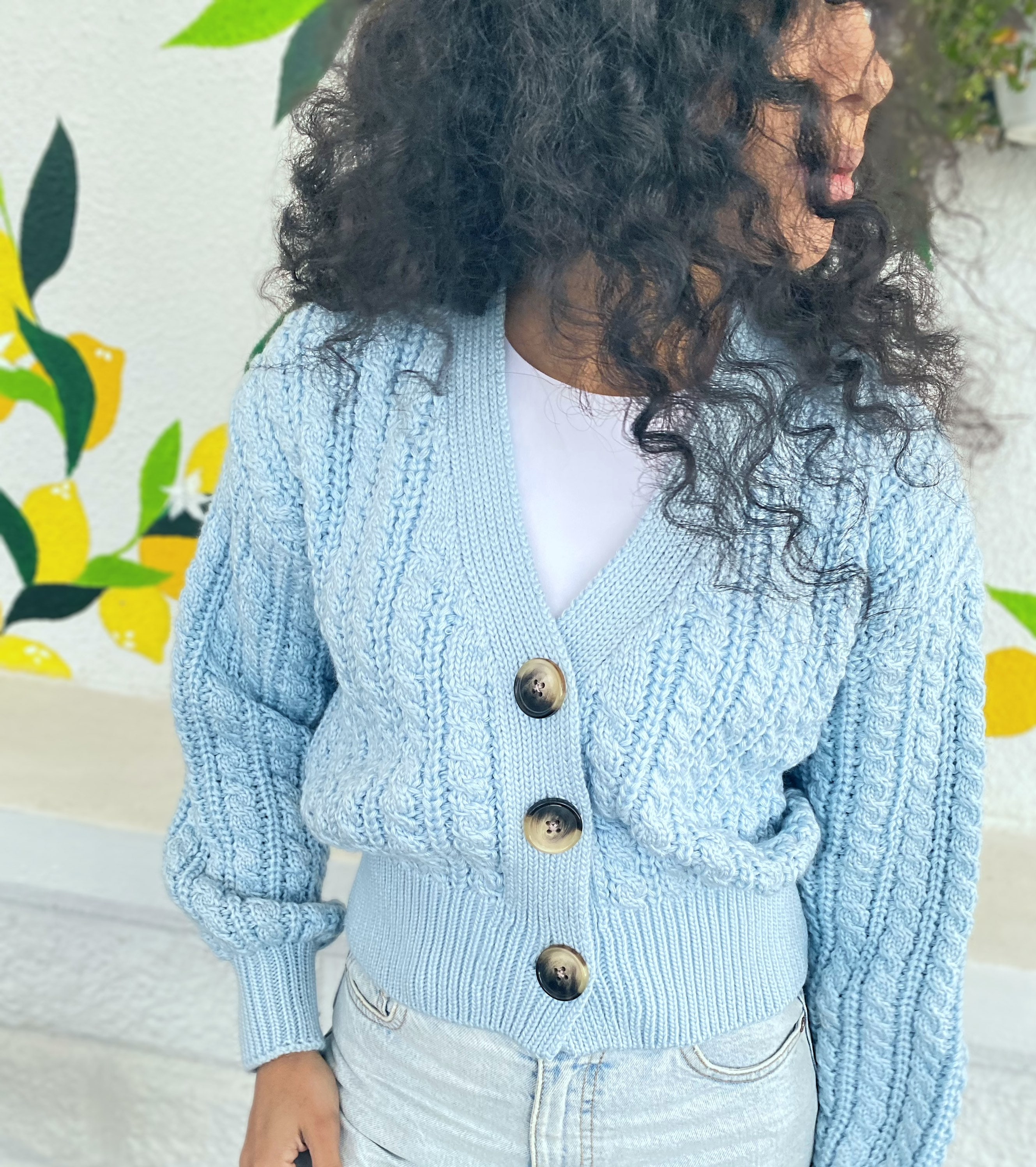 Crop Knit Cardigan Hand Knit Blue Cardigan Crop Top Sweater Cable