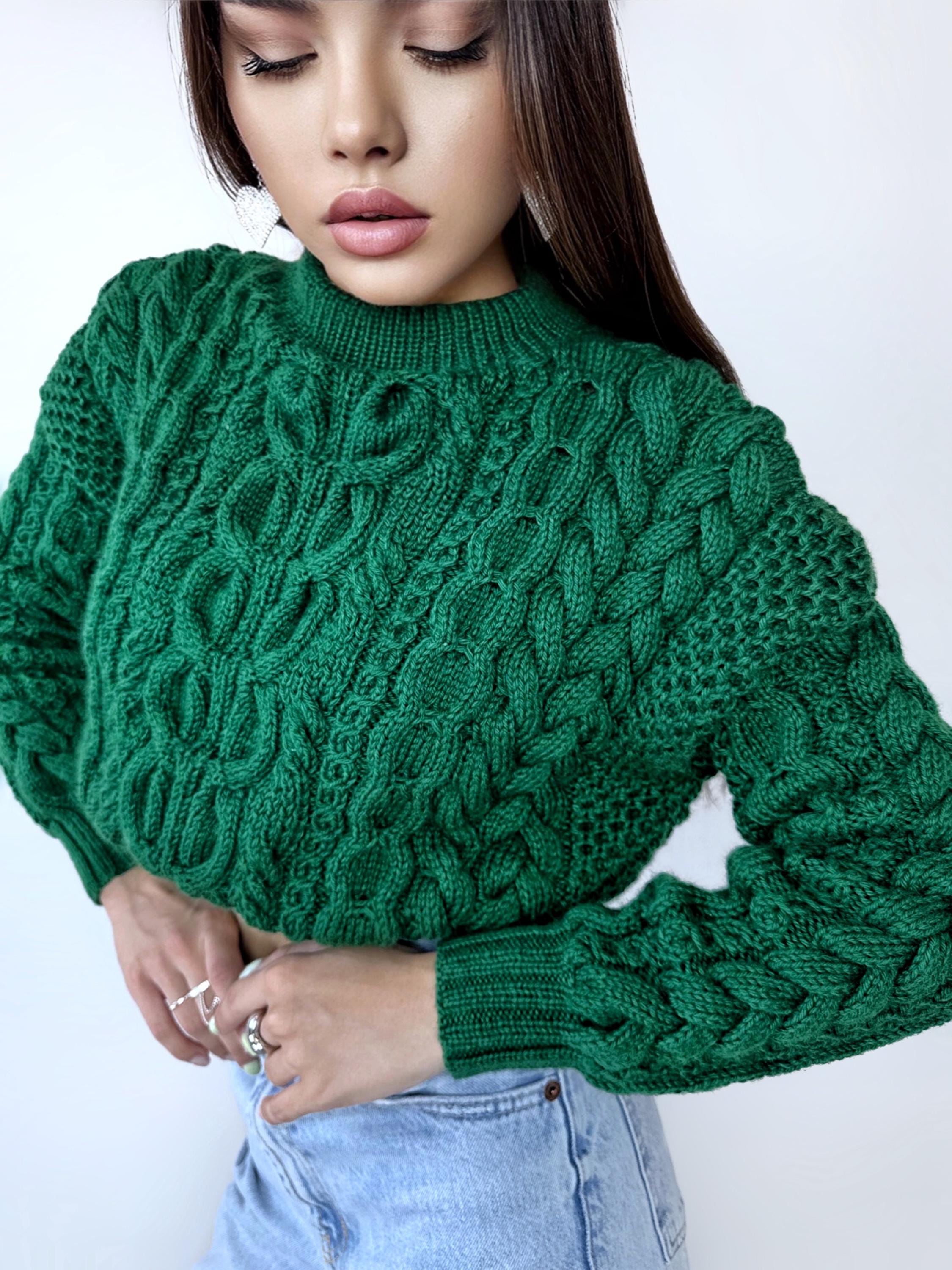 Cable Knit Green Crop Soft Merino Wool High Waist Hand Knit