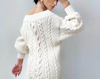 Hand Knit Sweater Dress Women White off Shoulder Sweater Dress Long Cable  Wool Sweater Knitted One Shoulder Dress Big Cozy Handmade Dress - Etsy