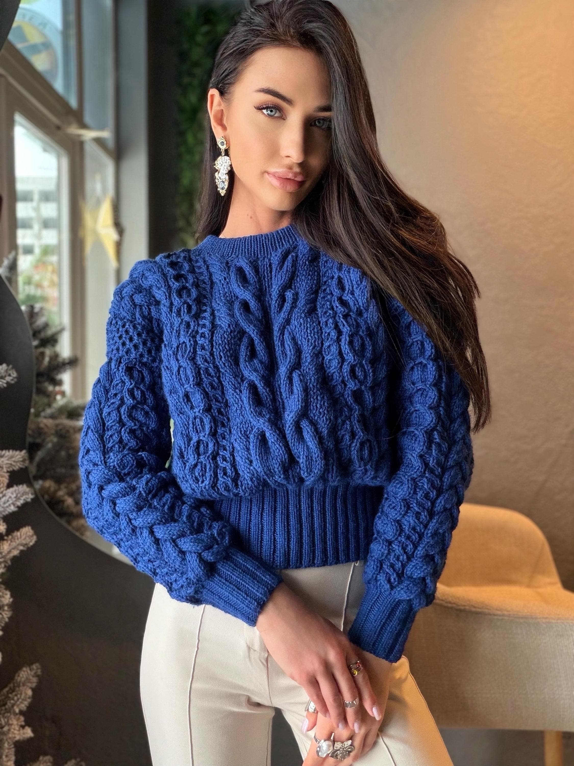 Cropped Hand Knit Merino Wool Dark Royal Blue Aran Sweater Top