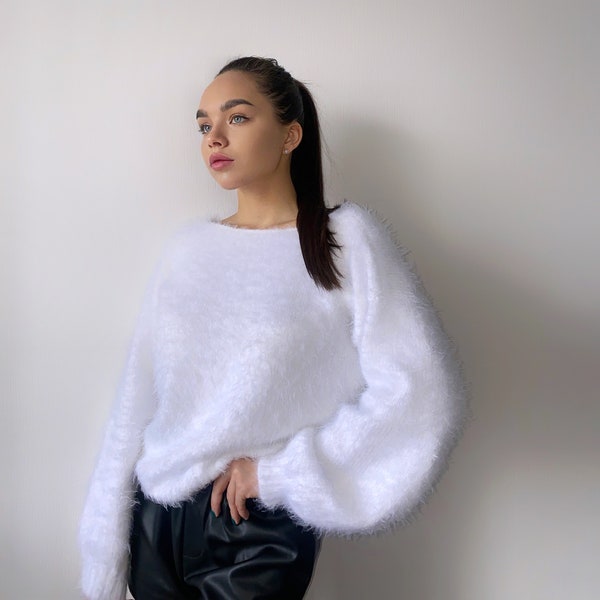 White soft fluffy hand knit body friendly sweater Open back Deep neckline Knit Milk fluffy pullover Loose fit oversized V-neck angora wool