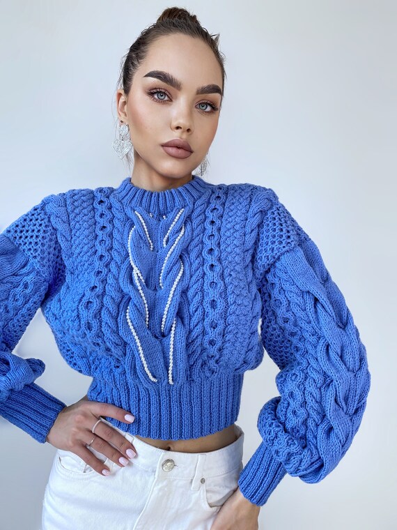 Cropped Blue Sweater Hand Knitted Braid Embellishment Beads Pearl