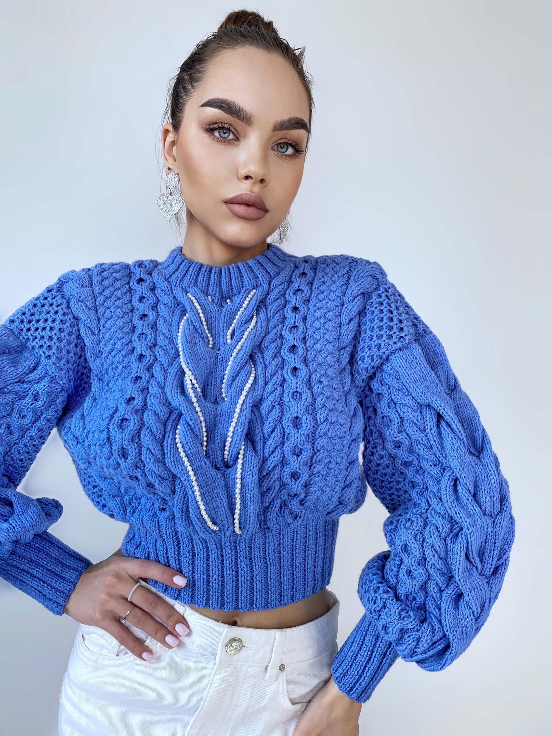 Cropped Blue Sweater Hand Knitted Braid Embellishment Beads Pearl
