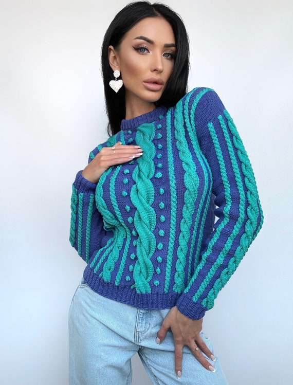 Tricote bleu vert turquoise automne pull femme Braid embellissement perles perle Knit Merino laine cable tricot pull biologique durable Etsy France