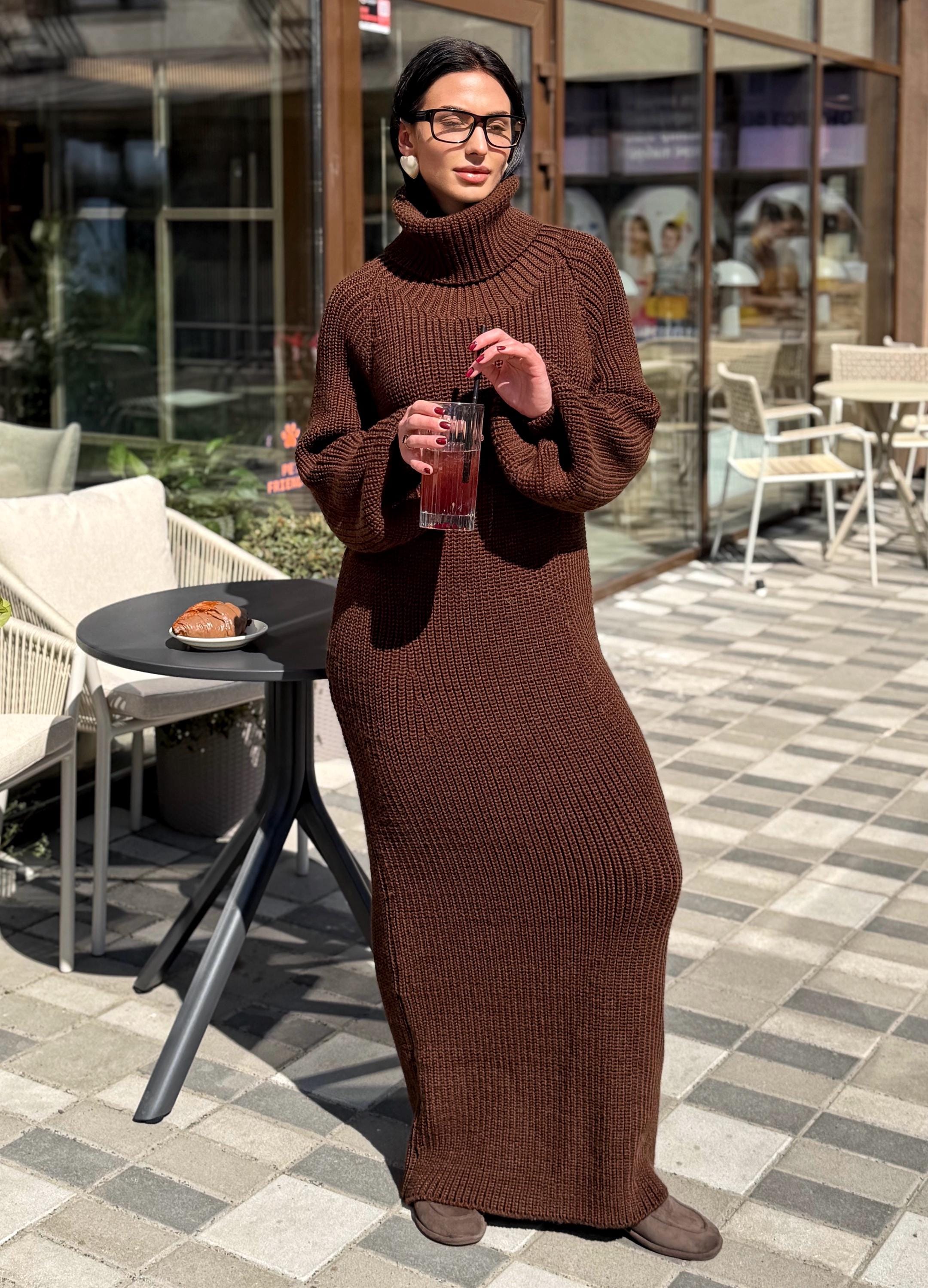 winter woolen dresses for ladies Large hand knit chunky sweater Dress merino wool maxi turtleneck Oversized long cozy outfit High big collar Women Dress puff sleeves carmine rose