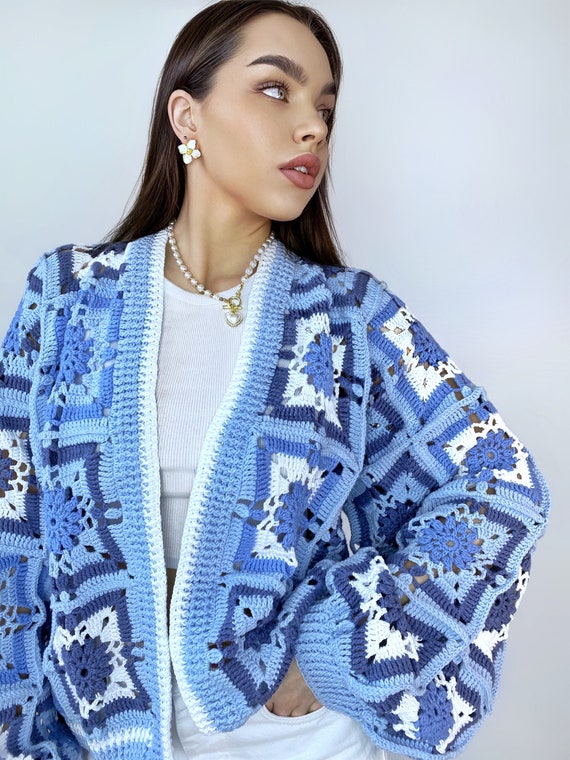 Crochet Colorful Cardigan Crochet Blue Granny Square Cardigan