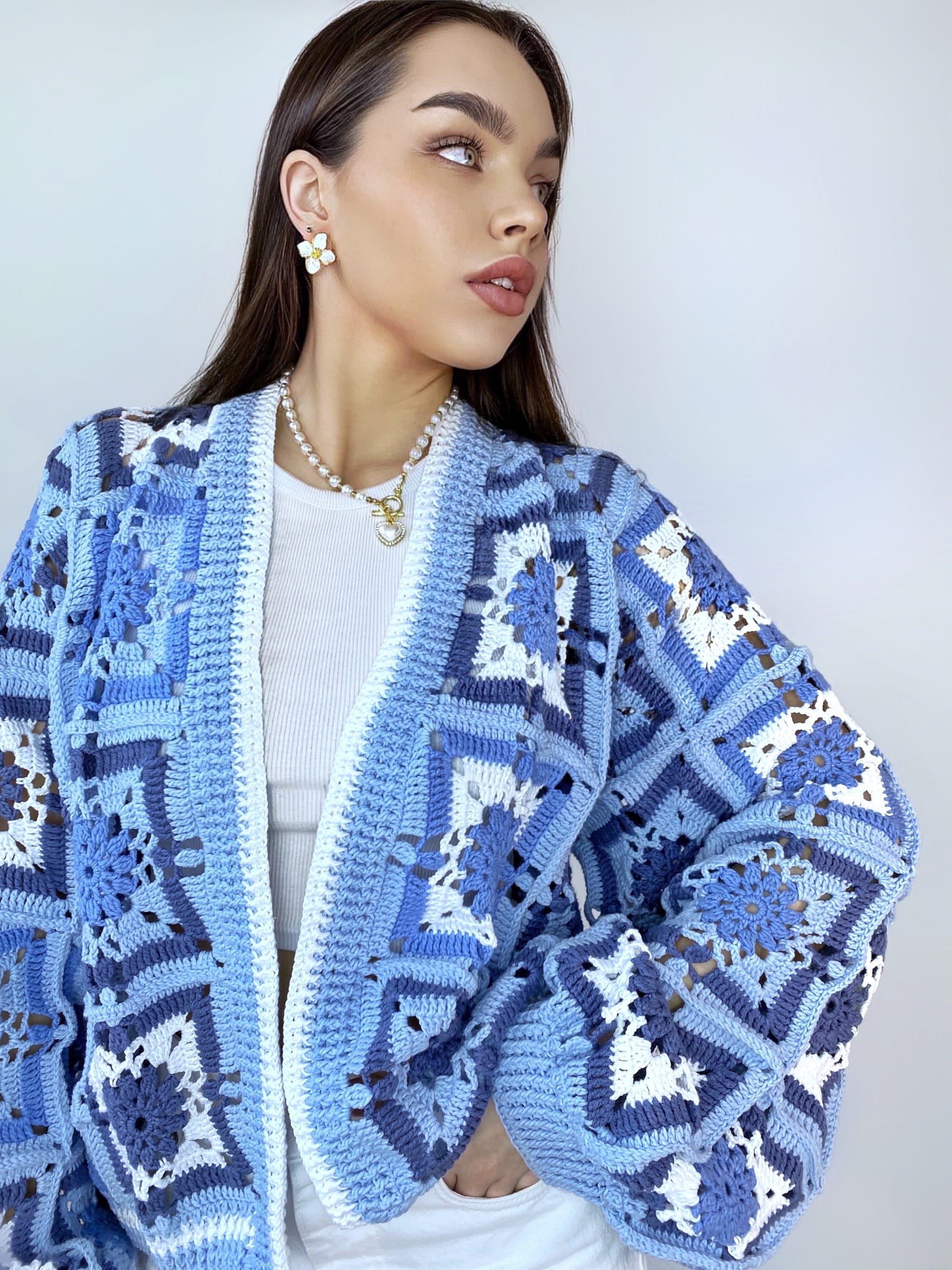 Crochet Colorful Cardigan Crochet Blue Granny Square Cardigan