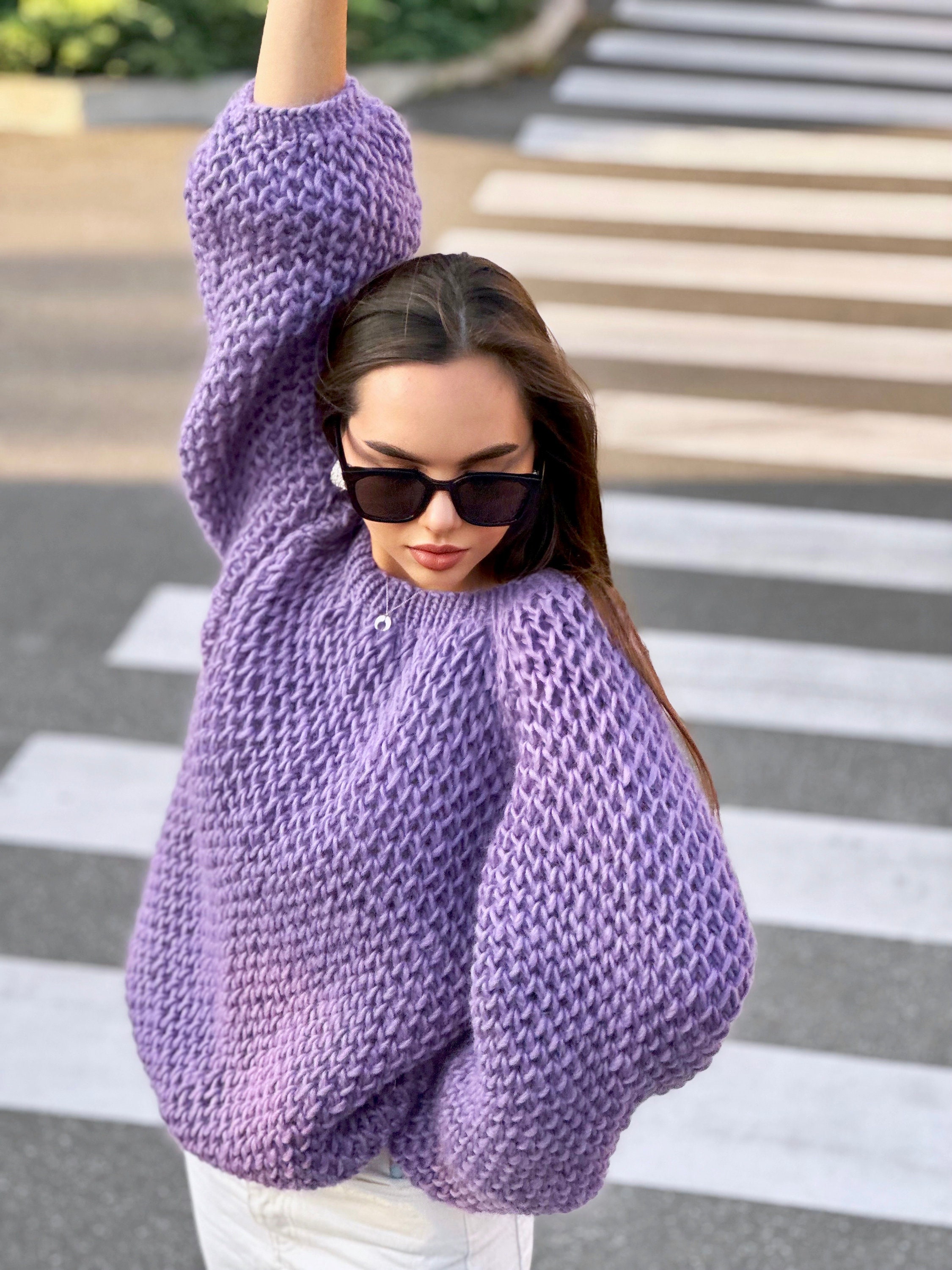 Chunky Hand Knit Alpaca Wool Soft Violet Sweater Purple Hand Knit