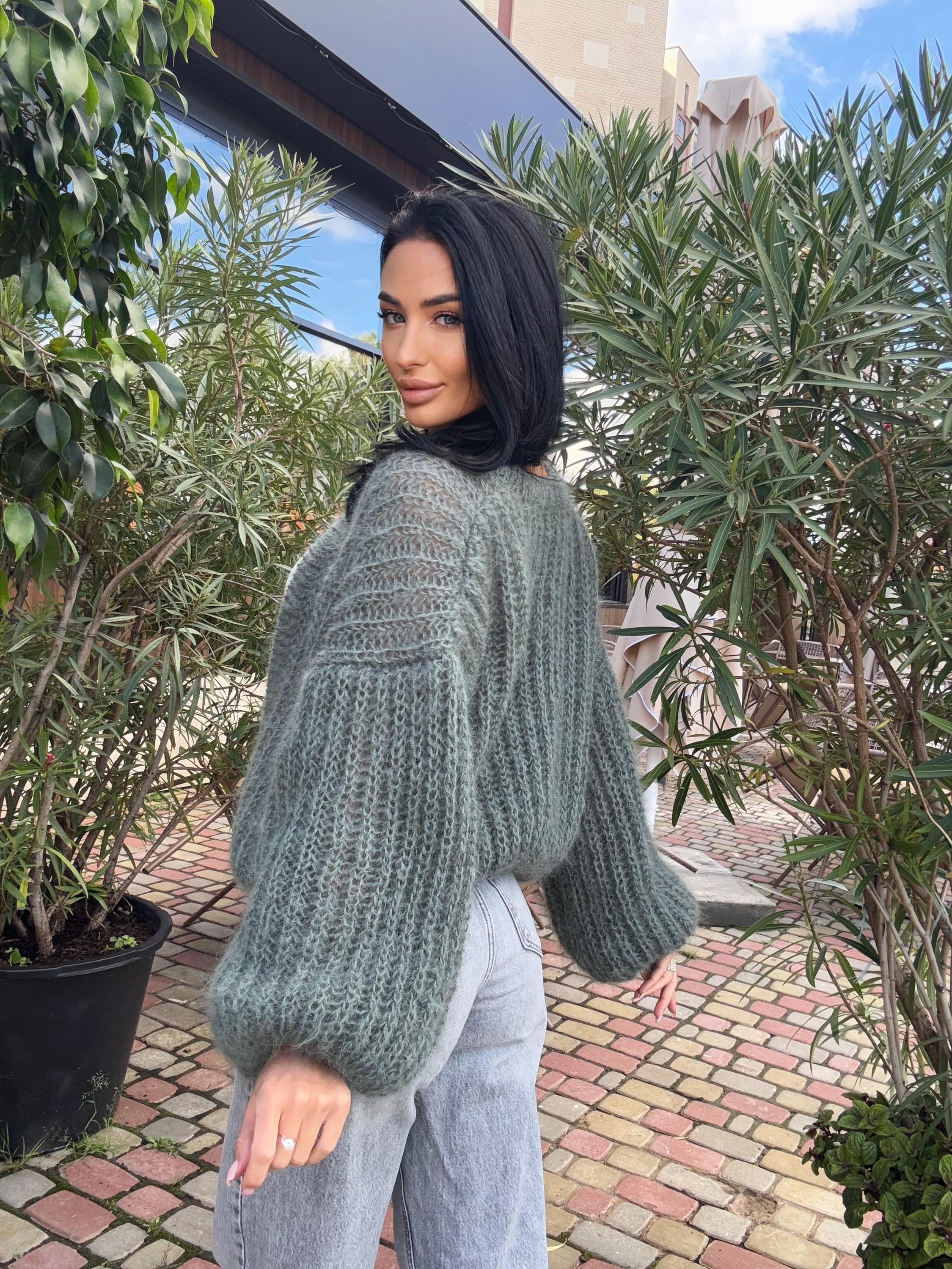 Mohair Wool Cropped Khaki Green Cardigan Bomber Women Mohair
