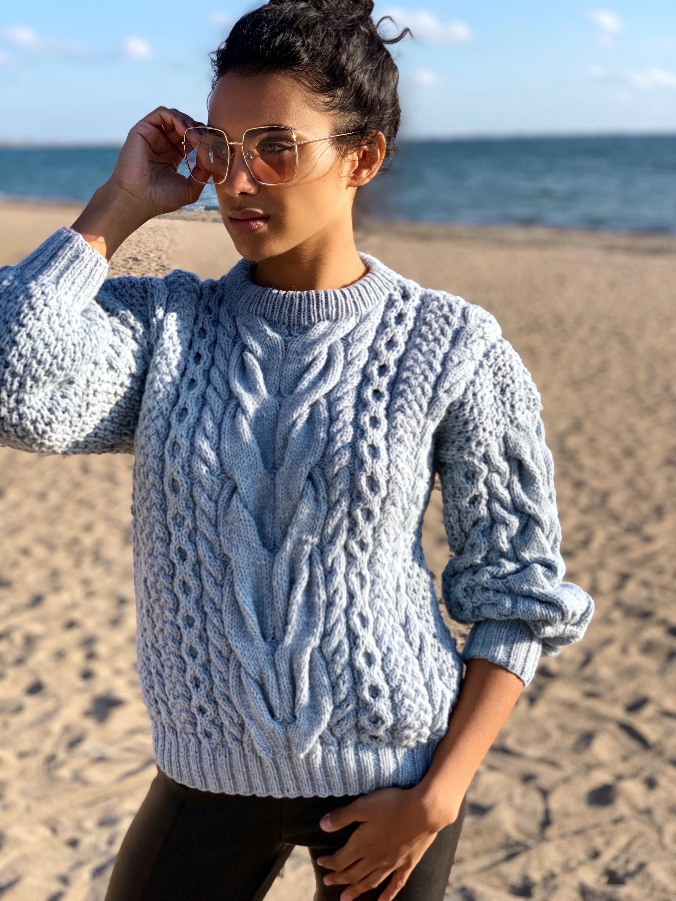 Blue Knit Merino Wool Sweater Women Hand Knit Jumper Cable