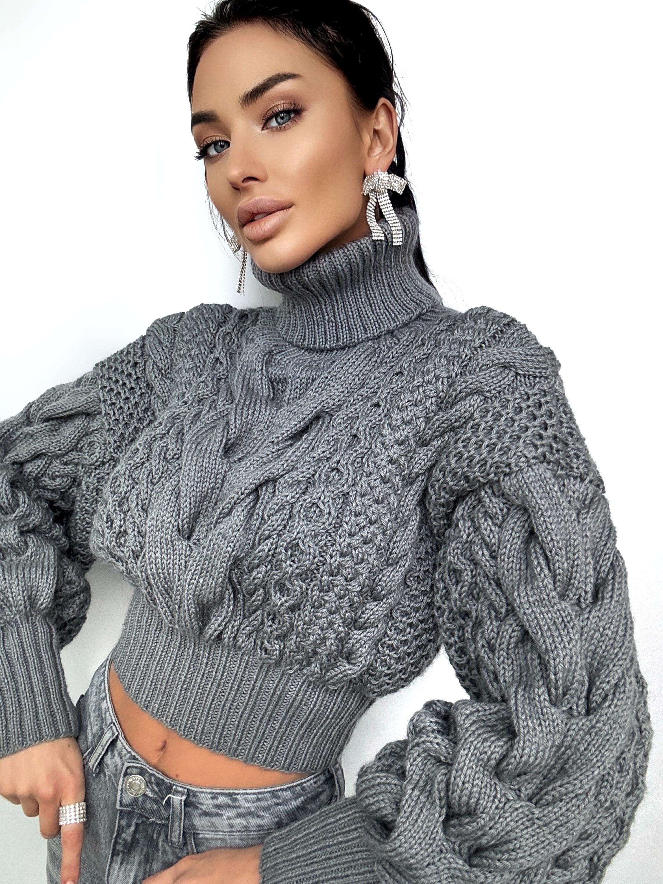 Crop Hand Knitted Dark Gray Wool Sweater Chunky Knit Turtleneck