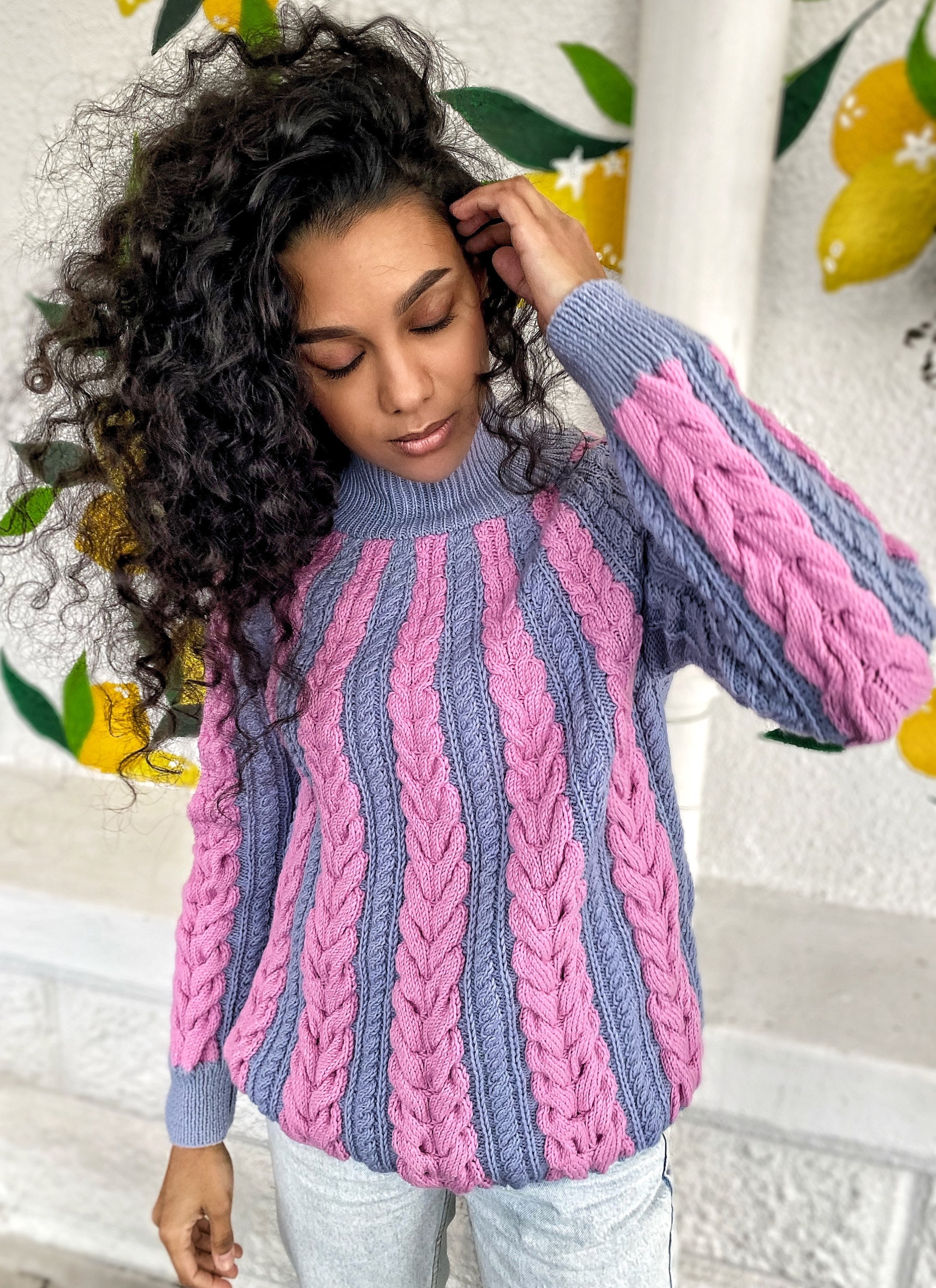 Chunky Knit Wool Sweater Braids for Women Pink Gray Blue