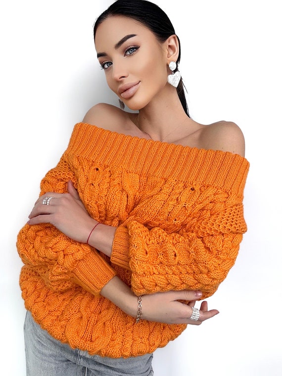 Cable Knit Sweater off the Shoulder Orange Grapefruit Coral Chunky