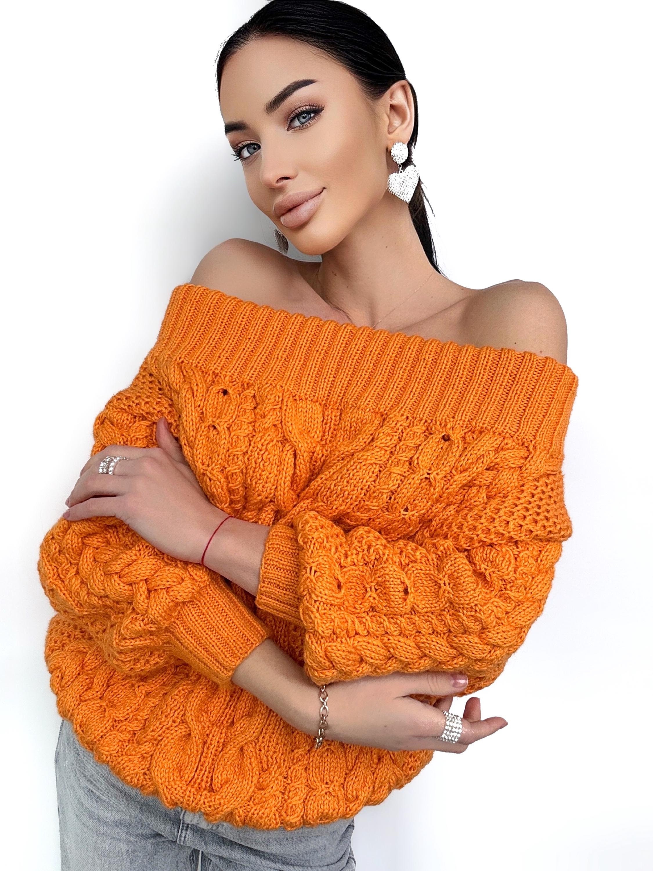 Cable Knit Sweater off the Shoulder Orange Grapefruit Coral Chunky