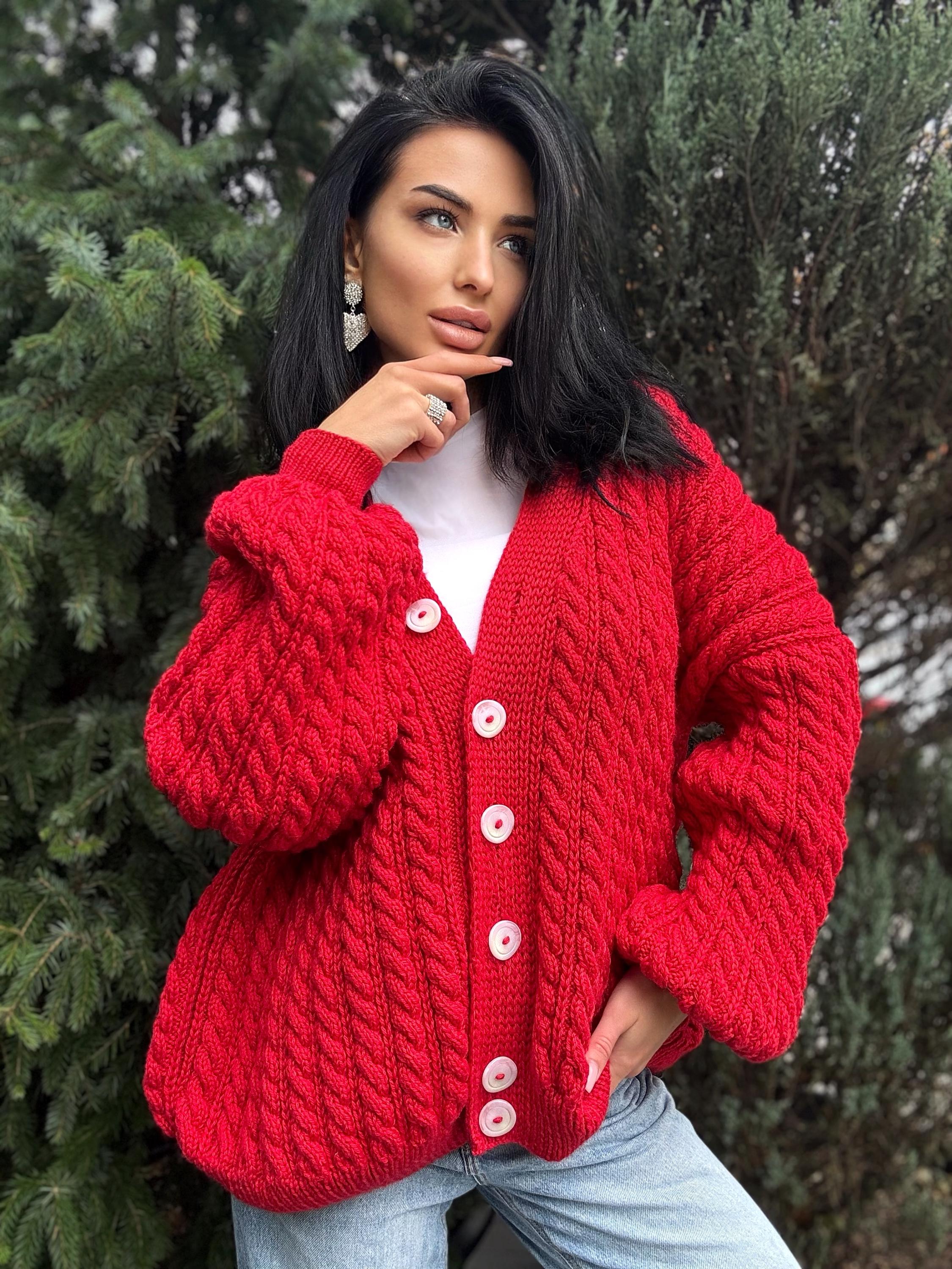 Cable Knit Braids Red Merino Wool Cardigan on Buttons Hand Knit