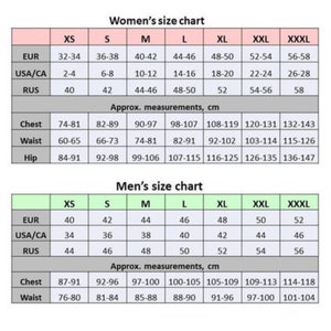May include: A size chart for women's and men's clothing, with measurements in centimeters. The chart includes sizes from XS to XXXL, with corresponding EUR, USA/CA, and RUS sizes. Approximate chest and waist measurements are also provided.