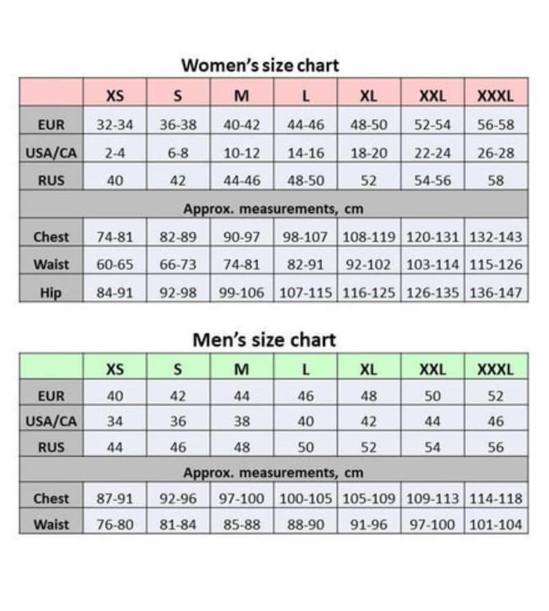 May include: A size chart for women's and men's clothing, with measurements in centimeters. The chart includes sizes from XS to XXXL, with corresponding EUR, USA/CA, and RUS sizes. Approximate chest and waist measurements are also provided.