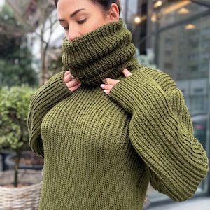 Hand knit khaki large merino wool Sweater turtleneck Big high collar long sleeves sweater dress Chunky knit wool big pullover unisex
