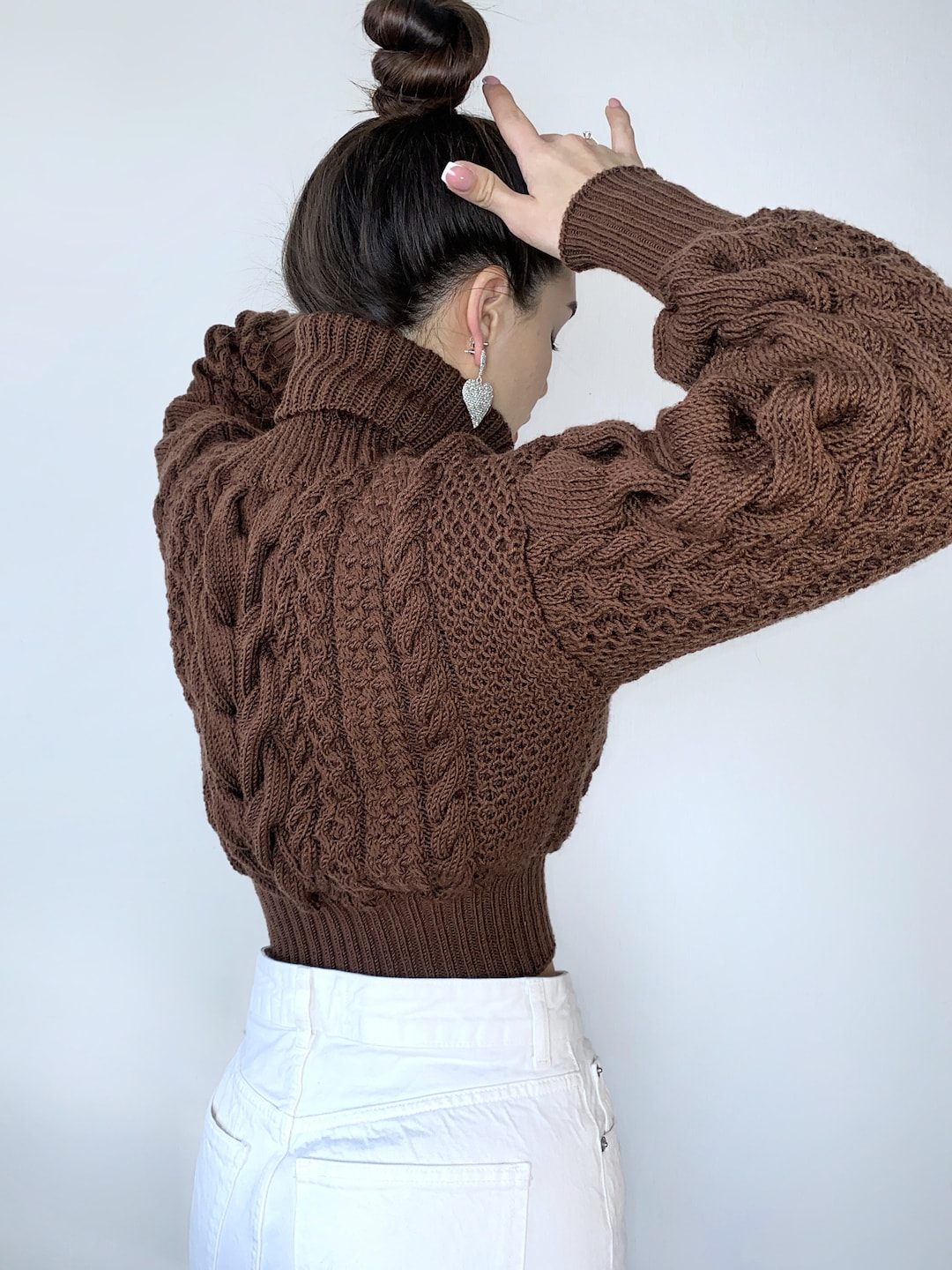Crop Hand Knitted Chocolate Brown Merino Wool Sweater Chunky Knit
