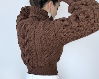 Crop Hand Knitted Chocolate Brown Merino Wool Sweater Chunky Knit