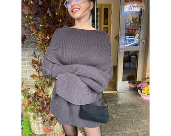 Cable hand knit Graphite Gray merino wool Sweater dress womens Chunki knit wool long big Khaki Jumper Fall sweater long sleeves boat neck