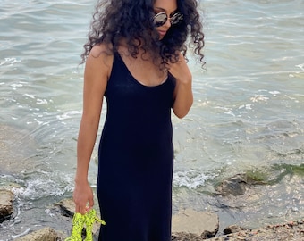 Black cotton bamboo dress thin spaghetti straps/beach tunic/sleeveless midi dress/cotton knit beach dress/thin summer dress/dress mermaid