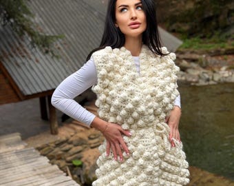 Chunky alpaca wool crochet vest handmade belted vest milk white knitwear textured women vest cozy statement piece