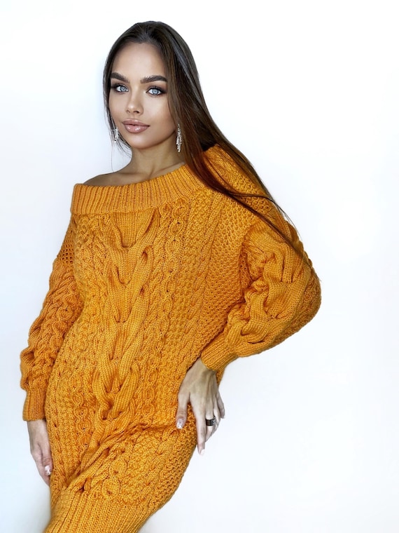 halloween knit dress Knitted Fall Pumpkin halloween sweater dress for women Orange cable sweater  dres open shoulders Long women’s wool sweater braids knit dress