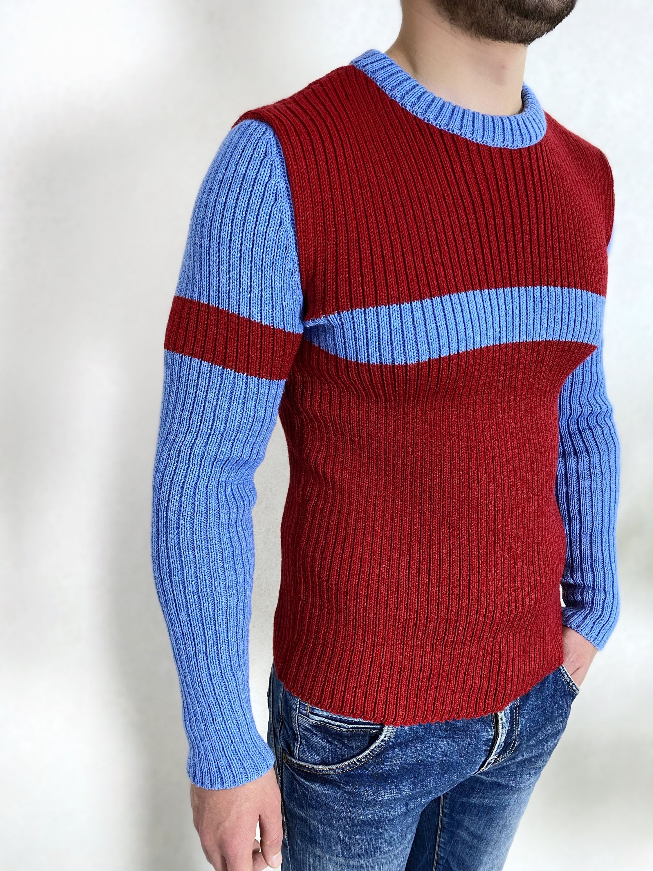 Hand Knit Mens Sweater Men's Turtleneck Blue Red Mens - Etsy
