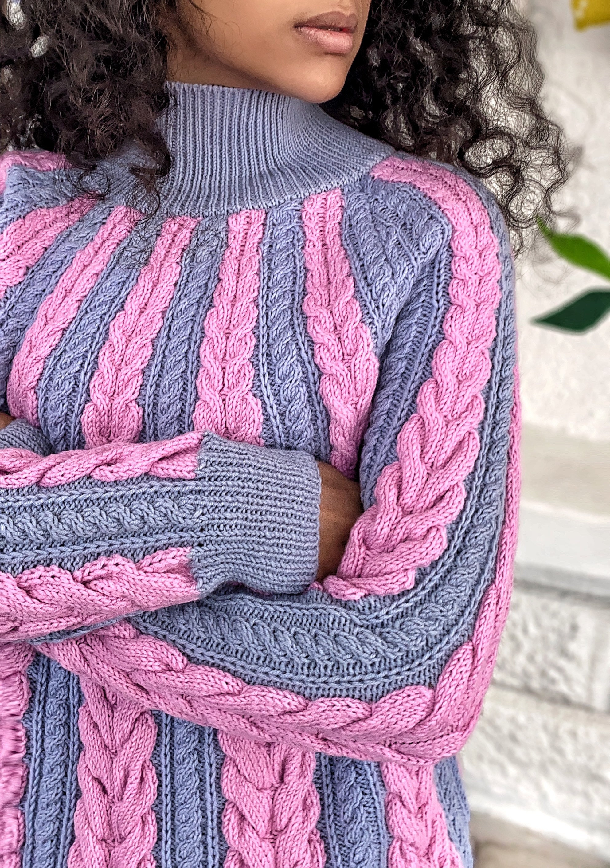 Chunky Knit Wool Sweater Braids for Women Pink Gray Blue