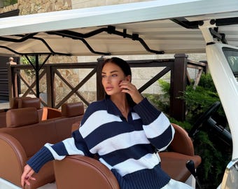 Organic cotton oversized knit soft Polo Striped large country club sweater Handmade Navy White Jumper Cozy Slouchy Knitwear Preppy Style