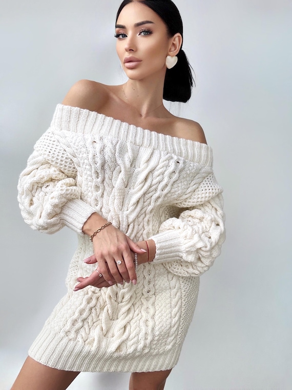 Hand knit sweater dress women White off shoulder sweater dress Long Cable wool sweater Knitted one shoulder dress Big cozy handmade dress Hand knit sweater dress women White off shoulder sweater dress Long Cable wool sweater Knitted one shoulder dress Big cozy handmade dress