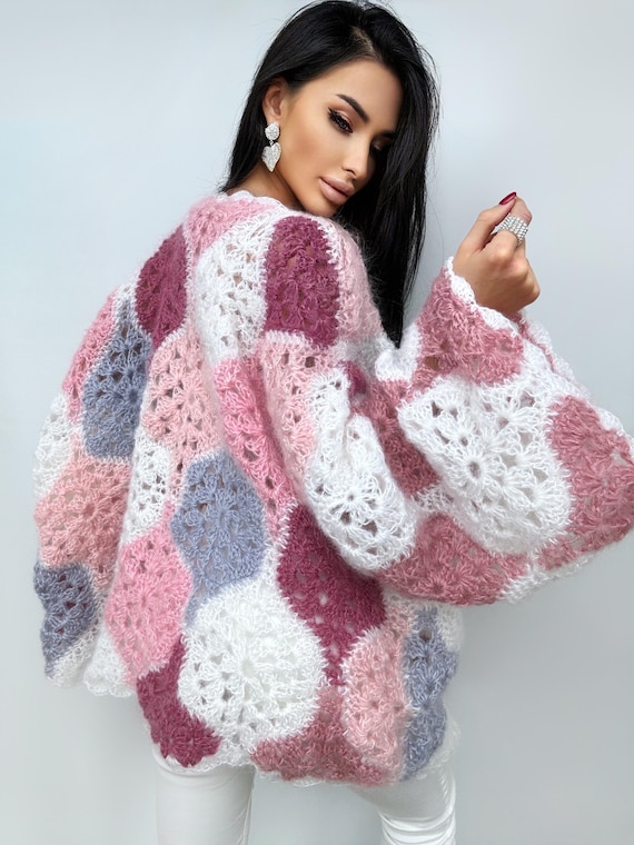 Flauschige Häkeljacke aus Mohair für Damen Patchwork Ballonärmel