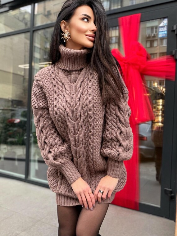 aran knit dress Womens Aran Sweater Aran Long Hand Knitted Beige Light Brown Merino Wool Sweater Dress GMCExcluded
