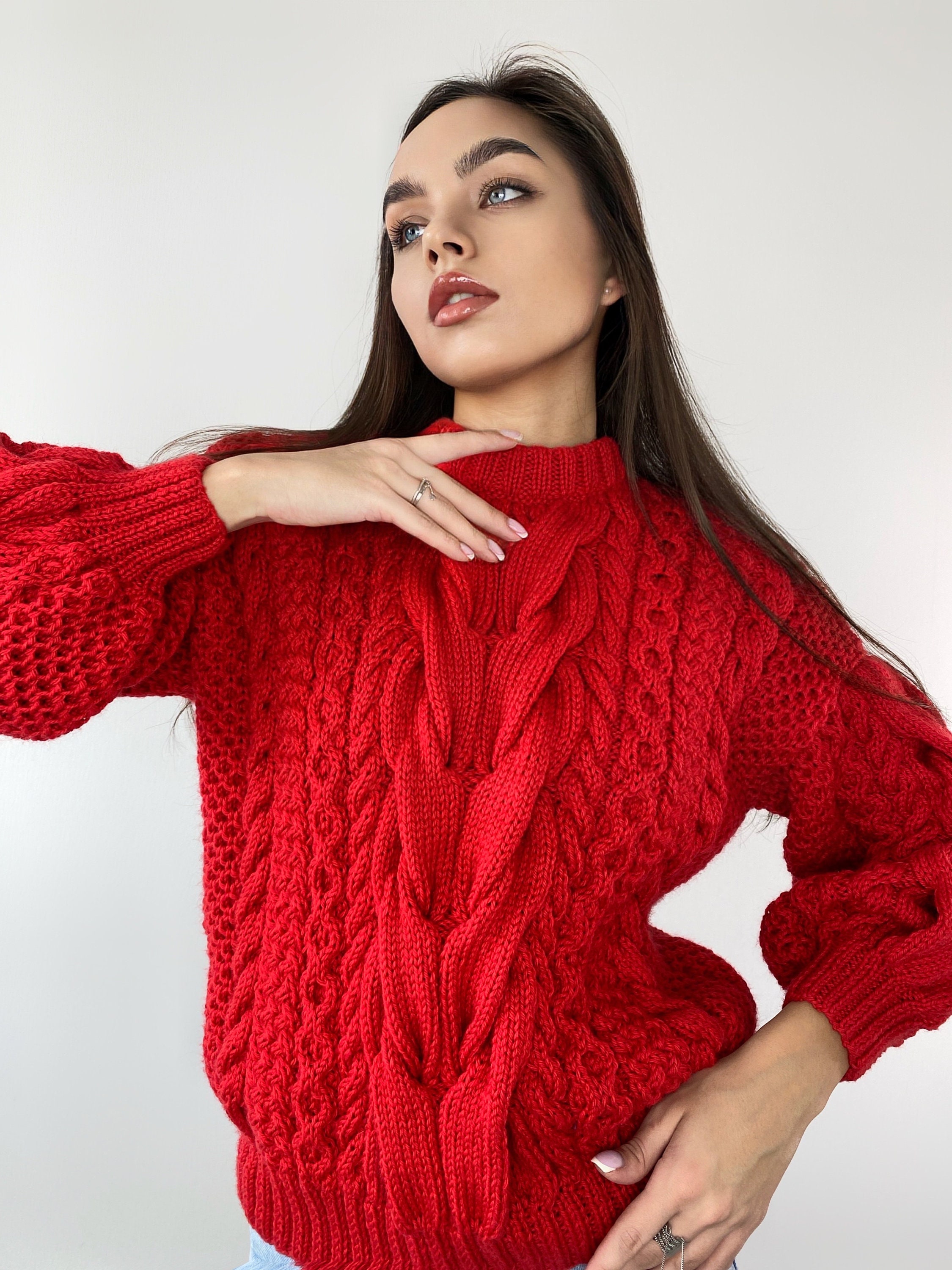 ❤︎　 Nîmes handmade cable knit RED Red Knit Sweater Women Knitted Merino Wool Jumper Chinky Knit